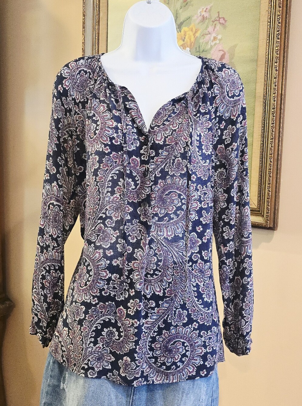 Lucky Brand Navy Paisley Tie-Front Peasant Top